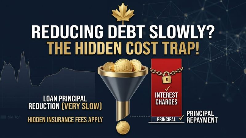 An information chart comparing two loan repayment scenarios, illustrating how optional loan insurance in Canada can become a "debt trap" by significantly increasing costs and slowing down principal repayment.