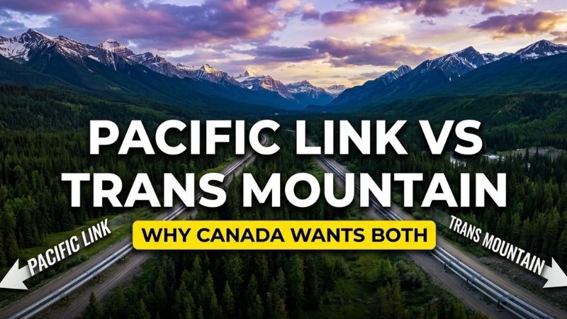 Thumbnail comparing Pacific Link vs Trans Mountain pipelines in Canada. Text overlay reads "PACIFIC LINK VS TRANS MOUNTAIN: WHY CANADA WANTS BOTH" in clean sans-serif font over a scenic landscape.